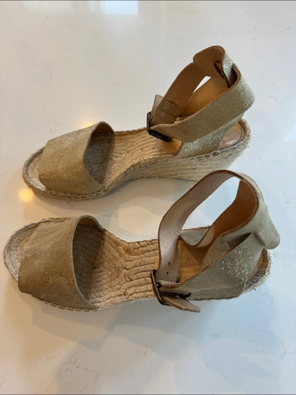 J Crew Gold Sparkle Espadrille Wedge Sandals with Ankle Buckle Strap Sz: 11